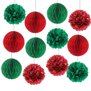 12 Stück Hängende Waben, Weihnachten Papier Wabenbälle Rot Grün Paper Pompons Seidenpapier Pompom Baumschmuck Weihnachten für Weihnachtsbaum Deko (12 rot grün papierball)