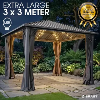 BRAST Pavillon Aluminium Miami | Größen 3x3m 3x4m 4x4m | viele Modelle | Hardtop mit Stahlach | wahlweise mit LEDs | Moskitonetz | Anthrazit | wasserdicht | UV-Schutz | 3x3m inkl. LEDs