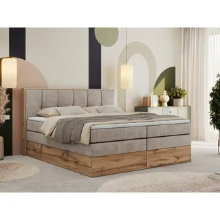 MKS Meble Boxspringbett, Doppelbett mit zwei Multipocket-Matratzen ALBERO 1 KING, Bettkästen und Kopfteil, Holzkiste in Wotan-Eichenfarbe - 140x200 cm - H3 - Beige Struktur - Beige