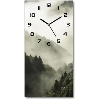 Wanduhr aus Glas – 30x60 cm - Glasbild - Glasuhr - Gehärtetes Glas -Nebel über dem Wald