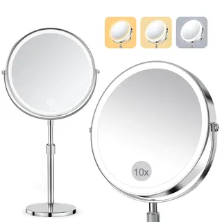 SURFOU 8-Zoll Kosmetikspiegel mit Beleuchtung, 10X/1X Vergrößerungsspiegel Doppelseitig - 360° Drehbarer & Abnehmbarer Tischspiegel für Makeup, Rasur, Badezimmer und Reise
