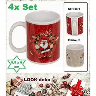4 Kaffeepott Advent-Weihnachten-Crazy-Santa-Rentier Tassen Steingut Rot 9,5x8cm