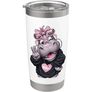 Hippo Girl Winking Peace Zeichen Rosa Schleife Pop Grafik Verspielt Doppelwandiger Edelstahl-Thermobecher