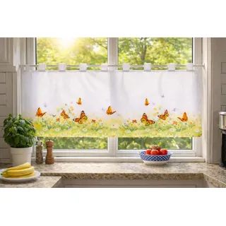 KAMACA Bistrogardine 50x120 cm Weiß – Sommerliches Design mit bunter Blumenwiese & Schmetterlingen – Transparente Scheibengardine mit Schlaufen – Elegante Fensterdeko für Küche & Esszimmer