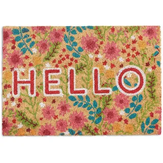 Relaxdays Fußmatte Kokos, Hello Schriftzug & Blumen-Motiv, bunt | Türvorleger innen & außen, Kokosmatte 40x60cm Türmatte