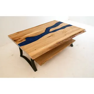 Couchtisch River Table Echtes Holz Flusstisch Massiv Epoxidharz Tische 140x60 - Beige, Blau