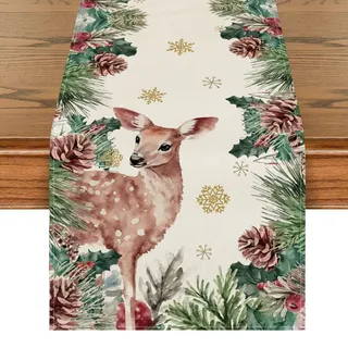 Artoid Mode Schneeflocken Sikahirsch Tannenzapfen Weihnachten Tischläufer, Winter Xmas Küche Tisch Dekoration Drinnen Urlaub Party Dekor 40x140 cm