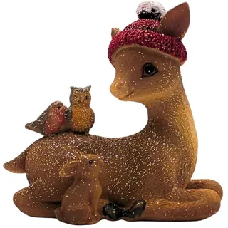 Hirschdeko, Deko-Rentier, Deko-Reh mit Wintermütze, Hirschfigur, Rentierfigur, Reh mit Gold - Glitter und auf ihm sitzenden Vogel, Eule und Hase aus Keramik in Braun; L/B/H 10 x 5 x 10cm.