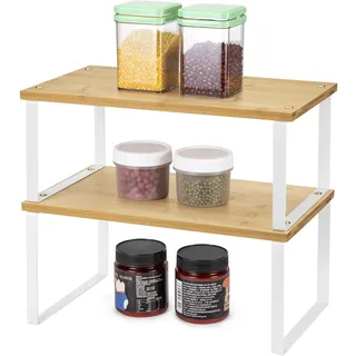 QIWODE Küchenschrank Organizer, Gewürzregal Schrank Innen Erweiterbar, Küchenregal Stapelbar für Arbeitsplatte, Schrank, Metall und bambus, 2 Stück