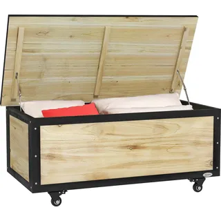 Outsunny Gartenbox Holz Auflagenbox 121L Aufbewahrungsbox mit Rollen, Wetterbeständige Aufbewahrungskiste für Balkon, Terrasse, Natur