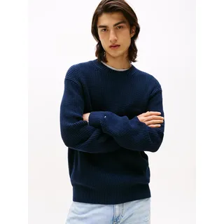 Strickpullover TOMMY JEANS "TJM SCRIPT CHUNKY", Herren, Gr. S, blau (schwarz night navy), Grobstrick, Obermaterial: 100% Baumwolle, unifarben, hüftbedeckend, Rundhals, Rippbündchen, Pullover Strickpullover, Regular Fit, Rundhals Waffelpique Strick