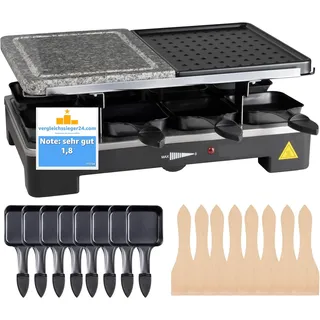 Raclette Set für 8x Personen - Grillplatte & Steinplatte antihaftbeschichtet- Tischgrill inkl. Pfännchen & Schaber - Schwarz
