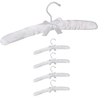 Relaxdays Kleiderbügel Satin, 5er Pack, weich gepolstert, 360° drehbarer Haken, dekorative Schleife, 38 cm breit, weiß