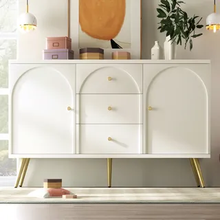 Flieks Kommode Sideboard mit 3 Schubladen, Wohnzimmerschrank mit 2 Türen, Kommode mit Metallbeinen, 140x40x84cm, Creme Weiß - Weiß