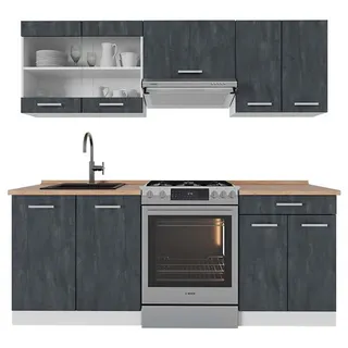 Vicco Küchenzeile R-Line 200 cm Schwarz Beton/Weiß