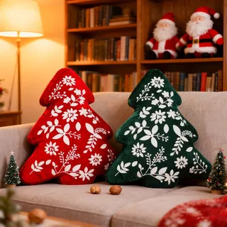 Lanpn 2 Stück Weihnachtsbaum Kissen Weihnachtskissen, Blätter Weihnachts Kissen Dekokissen Flauschiges Zierkissen für Party Bett Sofa Couch Weihnachtsdeko (Grün & Rot, 45x51cm)