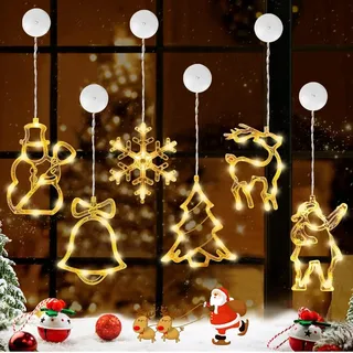 Anyingkai 6 Stück LED-Weihnachtsbeleuchtung mit Saugnapf für Fenster, Fensterdekoration, dekorative Weihnachtsbeleuchtung, batteriebetrieben (A)