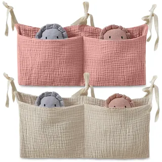 ZOCONE 2 Stücke Babybett Organizer Hängend, 2-in-1 Baby Kinderzimmer Organizer Aufhängen Babybett Verstellbarer Organizer für Windeln Kleidung Spielzeug Hängeorganizer Babybetttasche(Rosa+Khaki)
