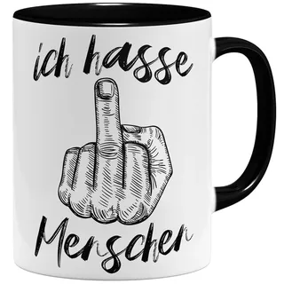 OM3® lustige Kaffee-Tasse mit Spruch - Ich hasse Menschen - Mittelfinger - Keramik Becher - 11oz 325ml - Beidseitig Bedruckt - Schwarz