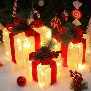 Quntis 3 Set LED Geschenkbox Weihnachten, Weihnachtsdeko Innen Strombetrieben, 60 warmweiße LEDs, beleuchtete Weihnachten Deko, Lichterdeko Geschenkpakete für Weihnachtsbaum Fensterbank Garten