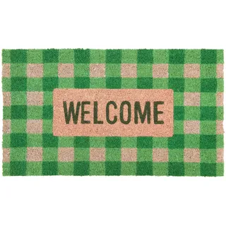 Fisura - Fußmatte außen Welcome aus Kokosnuss mit Rutschfester PVC-Rückseite. Fußmatte mit handgemaltem Vichy-Muster. Größe: 70 cm x 40 cm. Farbe: grün und weiß.