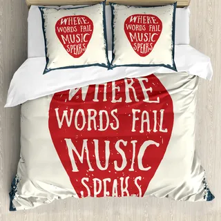 ABAKUHAUS Rockmusik Bettbezug, Musical Slogan Pick-, Milbensicher Allergiker geeignet mit Kissenbezügen, 155 cm x 220 cm - 80 x 80 cm, Beige Rot Schieferblau - Beige