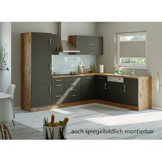 Winkel Eck Küche Sorrento in anthrazit 270 x 210 cm mit Herd Glaskeramik Kochfeld Geschirrspüler Kühlschrank Dunsthaube und Spüle - Grau