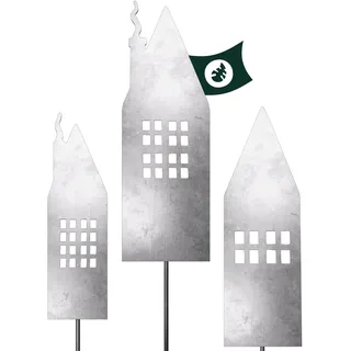 VERDOBA Häuser Gartendeko Stecker- Silberne Deko Häuser - Häusersilhouette Deko Garten - Gartenstecker Häuser mit Antikfinish - stabile Blumenstecker - Silberne Deko für Garten, Balkon & Terrasse