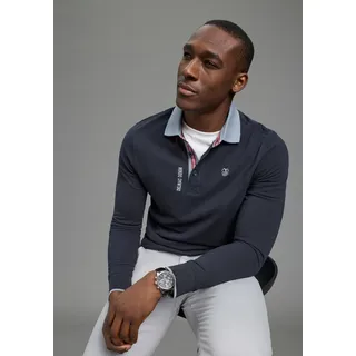 Langarm-Poloshirt DELMAO, Herren, Gr. 4XL (68/70), dunkelblau, Piqué, Obermaterial: 100% Baumwolle, kontrastfarbene Details, normal, Rippbündchen, Shirts Langarm-Poloshirt, Langarm, aus atmungsaktivem Piqué-Stoff, Polokragen
