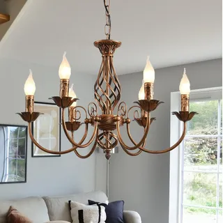 Riohan Kronleuchter Bronze Vintage Kronleuchter Rustikale Landhaus Kerze, 6 Lichter Deckenleuchte Bauernhaus Klassische Hängelampe für Wohnzimmer Schlafzimmer