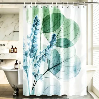 M&W DAS DESIGN Duschvorhang Natur Pflanzen Badezimmer grüne Textil Vorhang Antischimmel-Effekt Blumen waschbar Shower Curtain Blätter Verschwommen Stil inkl. 12 C-Ringe Gewicht unten 180x200cm(BxH)