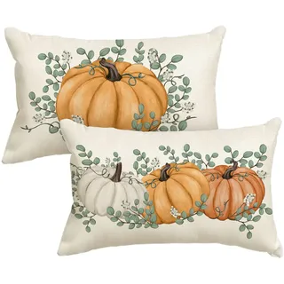 Artoid Mode Orange Kürbisse Eukalyptus Herbst Kissenbezüge 2er Set, 30x50 cm Saisonnal Fall Zierkissenbezug Cushion Cover Wohnzimmer Deko