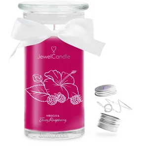 JuwelKerze Hibiscus & Juicy Raspberry Armband Silber - Schmuckkerze 80 Std - große Duftkerze mit Fruchtigem Duft - rosa Kerze mit Schmuck Überraschung - Geschenke für Frauen, Geburtstag