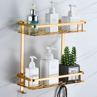 Duschablage ohne Bohren, Quadrat Duschregal Badezimmer Regal für Shampoo und Duschgelhalter Bad Wandregal Organizer Mit 2 Haken (2 Schicht,Champagner Gold)