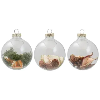 Thüringer Glasdesign Weihnachtsbaumkugel »Oh du Fröhliche, Weihnachtsdeko, Christbaumschmuck«, (Set, 3 St.), Christbaumkugeln aus Glas, 3-tlg., mit Naturmaterialien, Ø ca. 8 cm, farblos