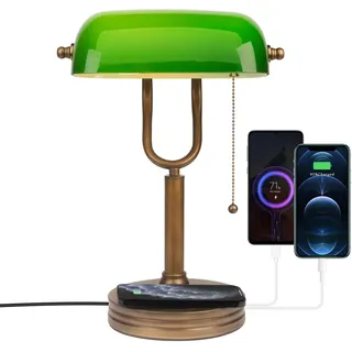 JCPYIUL Grün Glas Bankers Schreibtischlampe, Klassische Tischlampen, Retro Tischleuchte mit Kabellosem Ladegerät USB, Nachttischlampe mit Ladefunktion Antikes Metall Messing Zugkettenschalter