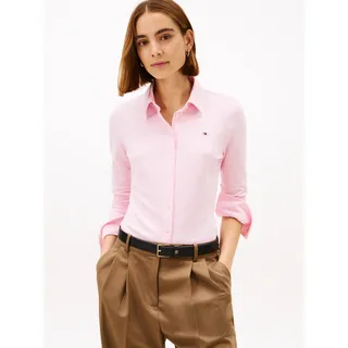 Poloshirt TOMMY HILFIGER "1985 SLIM PIQUE BTN DOWN LS mit Polokragen und Label", Damen, Gr. XXXL(46), ithaca stp, classic pink, Single Jersey, Obermaterial: 96% Baumwolle, 4% Elasthan, gestreift, slim fit normal, Rundhals, Shirts Poloshirt, Baumwollmischung, slim fit