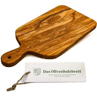 DAS OLIVENHOLZBRETT® rechteckiges Schneidebrett mit Griff aus Olivenholz/Kräuterbrett mit Griff/Servierbrett mit Griff/Schneidebrett mit Griff und abgerundeten Ecken / 35cm x 15-17cm