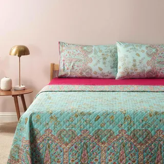 Bassetti Indian Roses Tagesdecke aus 100% Baumwolle in der Farbe Türkis T1, Maße: 265x255 cm - 9332274