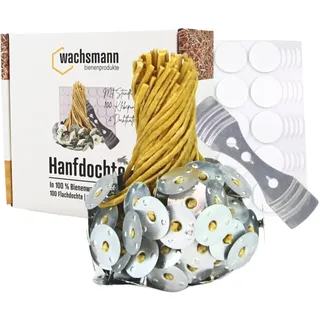 Bienenwachs-Docht aus Hanf – 100 Paraffinfreie Kerzendochte gewachst, Flachdocht 10 cm+1 lang, 3 mm breit, für Kerzen von 4-7,5 cm Duchmesser, mit Dochthalter & Klebepunkten, Kerzen selber Machen