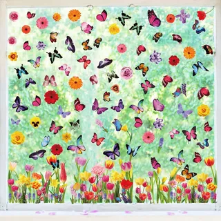 Hianjoo Fensterbilder Frühling Deko Selbstklebend, Aufkleber Fenstersticker, 9 Blätter Fensterbilder mit Blumen Schmetterlinge, Fensterdeko Frühling für Kinderzimmer