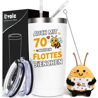 Livole 70. Geburtstag Frau, Geschenke für 70 Jährige Frauen, Sie, Mama, Oma, Auch mit 70 noch ein flottes Bienchen, Positive Geschenke für Frauen, Pocket Hug Biene, 600ml Kaffeebecher to go Thermo