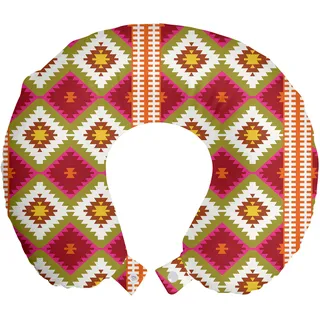 ABAKUHAUS Boho Reisekissen Nackenstütze, Oriental Türkisch Geometric, Schaumstoff Reiseartikel für Flugzeug und Auto, 30x30 cm, Vermilion und Multicolor - Bunt