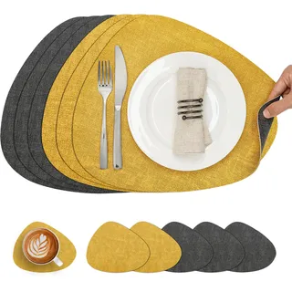 Chitomars Tischsets Kunstleder und Untersetzer, Tischsets Abwaschbar Doppelseitigen rutschfest Platzsets Rund Lederoptik Platzdeckchen Teller Untersetzer (6er Set, Grau Gelb)