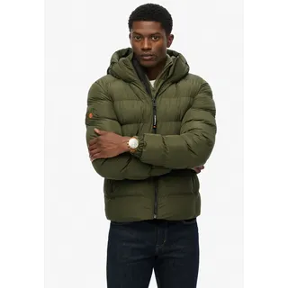Steppjacke SUPERDRY "HOODED SPORTS PUFFER JACKET", Herren, Gr. M, grün (army khaki, army khaki), Web, Obermaterial: 100% Polyester, unifarben, relaxed fit normal, elastischer Bund, Jacken Steppjacke, Kunstfaser, relaxed fit