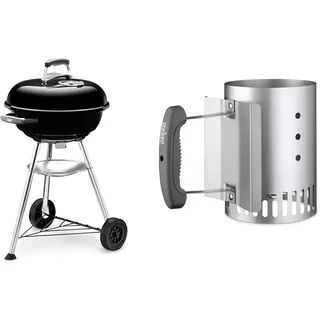 Weber 1221004 Holzkohlegrill Compact Kettle, Durchmesser 47 cm, Schwarz, Kugelgrill & 7447 Kleiner Anzündkamin Rapidfire