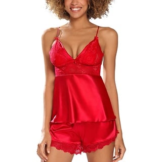 DKaren Damen Nachtwäsche Set S Harmonia - Pyjama für Frauen, Satin Schlafanzug Damen Kurz Set for Women - Rot