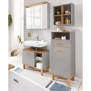 Badmöbel Set in Platingrau mit Eiche Landhaus Nb. PERM-80 inkl. LED Spiegelschrank, B/H/T: ca. 120,6/200/35 cm - Grau