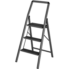 WENKO Leichte Aluminium Leiter Compact, 66 cm höher, Klapp-Trittleiter, 3 rutschsichere Stufen, Sicherheitsbügel & Haltegriff, 48 x 114,5 x 6 cm, Dunkelgrau