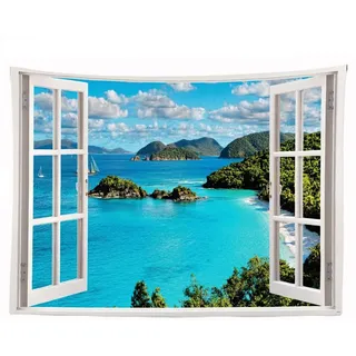 Ulticool – Durchsichtiges Fenster Meer Natur Strand Berge – Wandteppich Poster – 200 x 150 cm – Garten-Poster – Blau